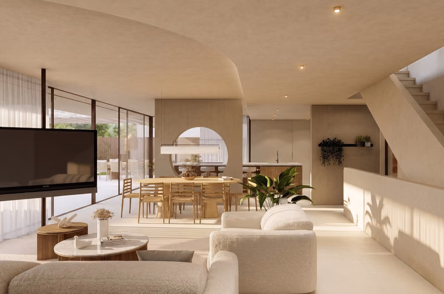 Salón y comedor de la vivienda Albert Fernández, con techo abovedado y carpintería de madera.