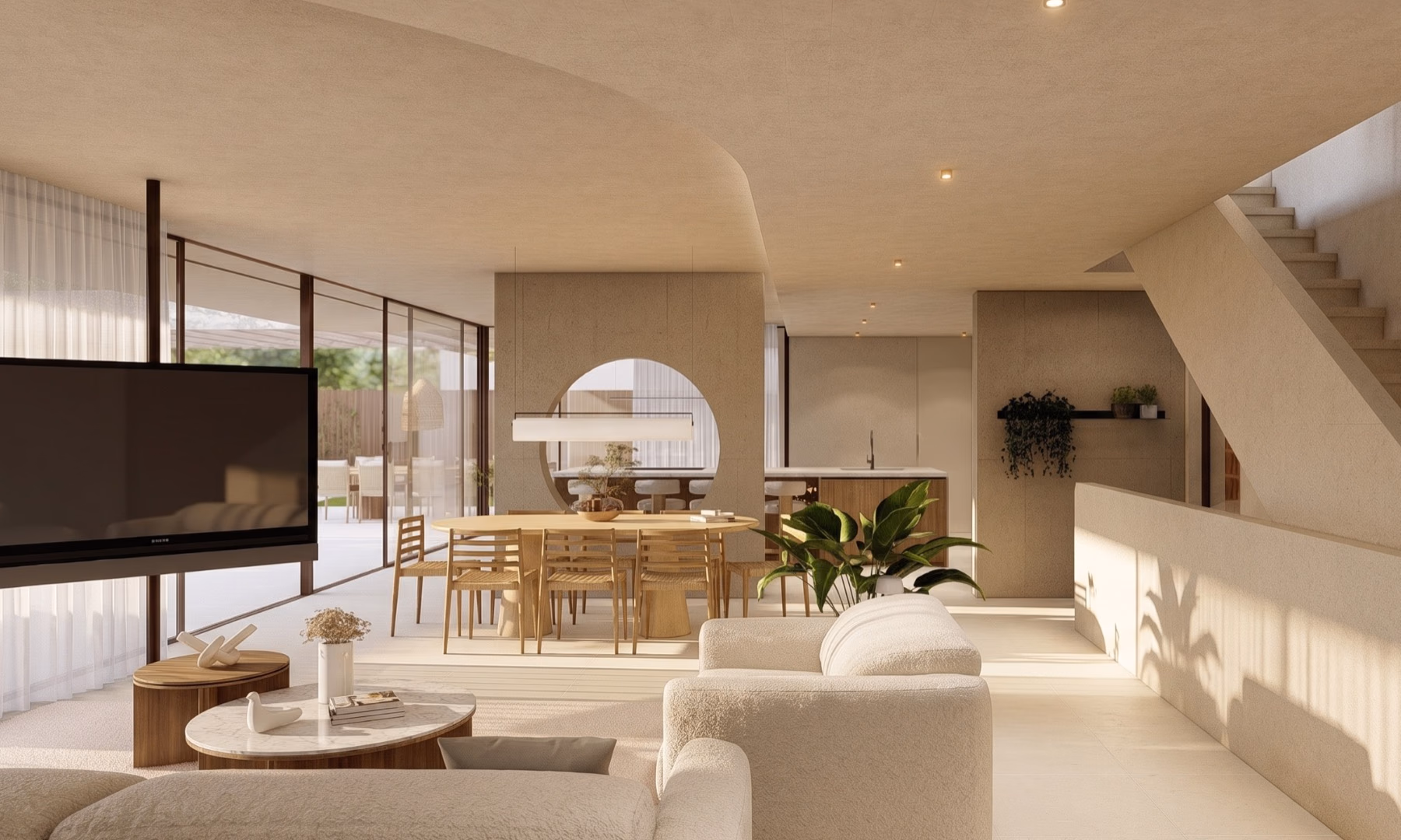 Salón y comedor de la vivienda Albert Fernández, con techo abovedado y carpintería de madera.
