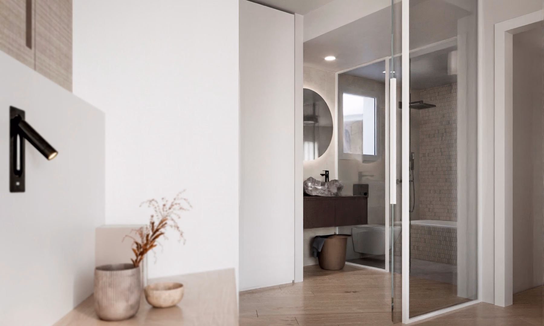 Vestidor de la suite principal, con carpintería a medida en madera y luz indirecta.