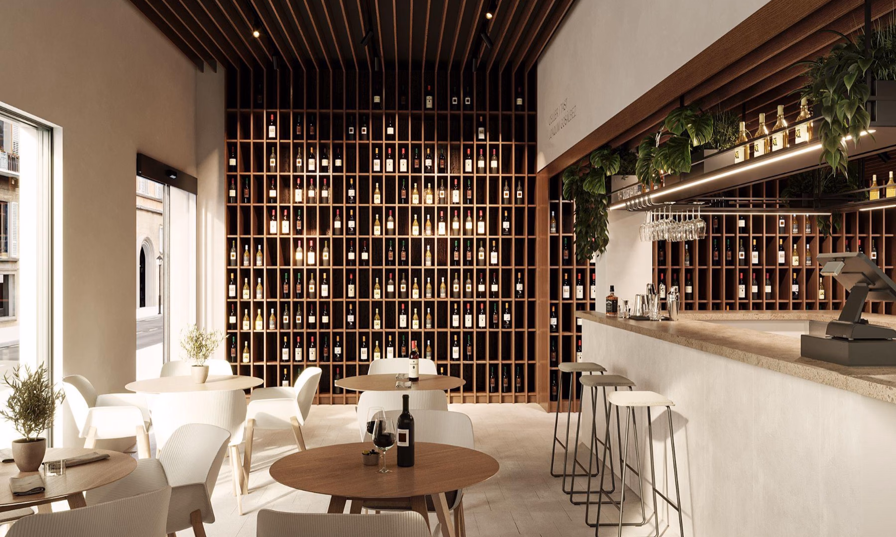 Celler i Tast Joaquim Gosálbez: barra, botellero de celosía y zona de degustación.