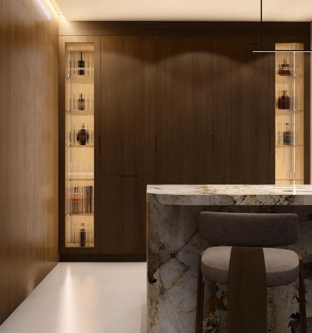 Mueble bar diseñado por ARGO en La Moraleja, Madrid, con electrodomésticos Gaggenau.