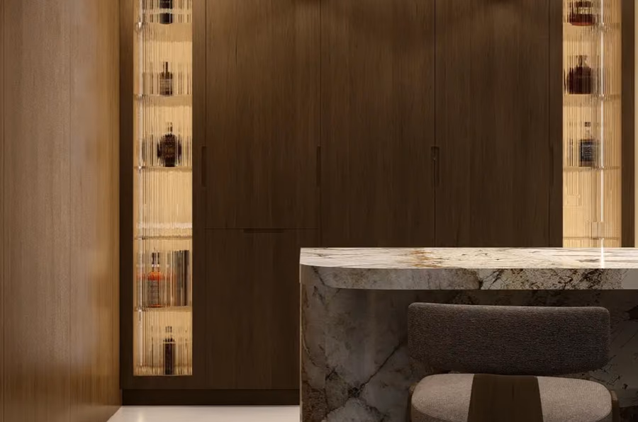 Mueble bar diseñado por ARGO en La Moraleja, Madrid, con electrodomésticos Gaggenau.