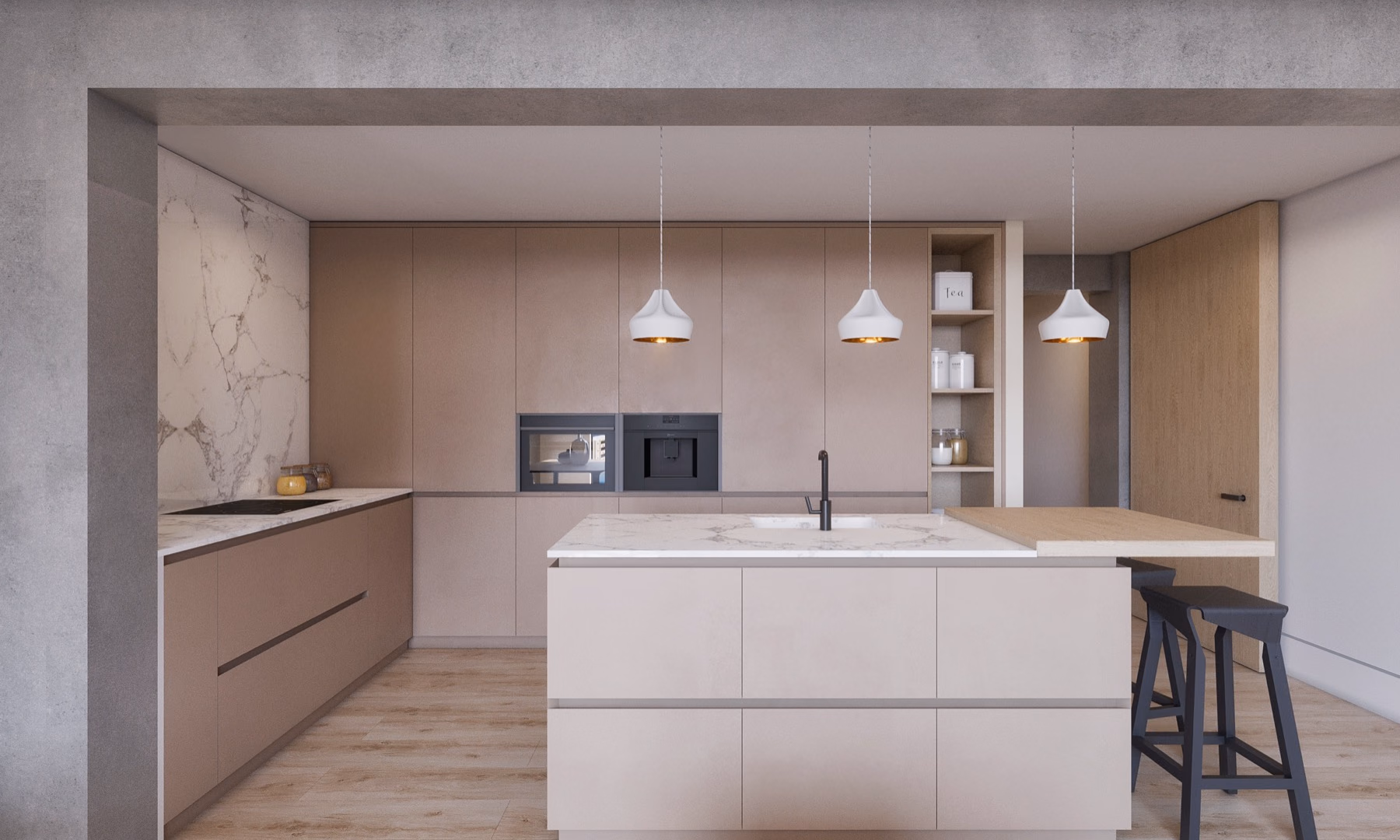 Cocina abierta con isla central integrada en el salón.
