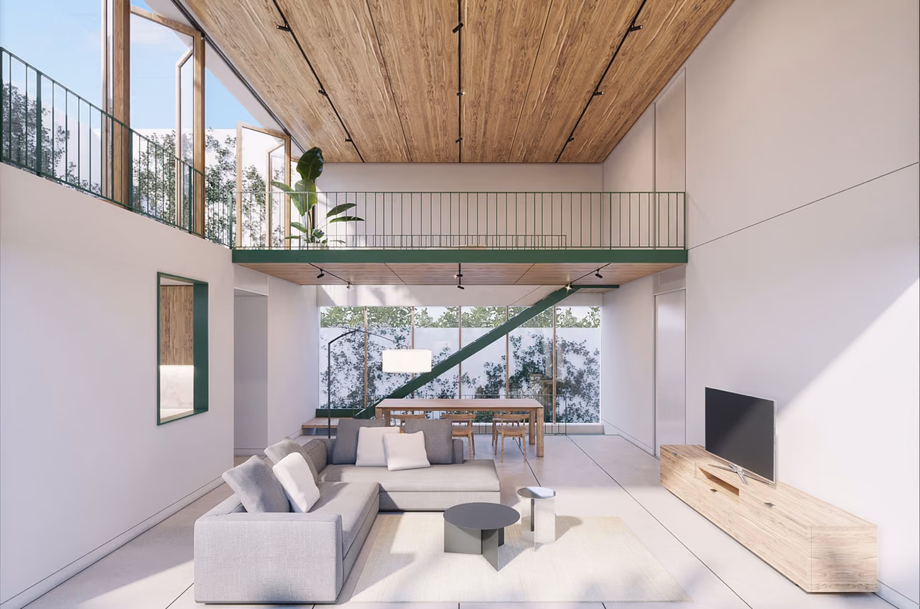 Estar de la vivienda San Javier, con transición continua al exterior.