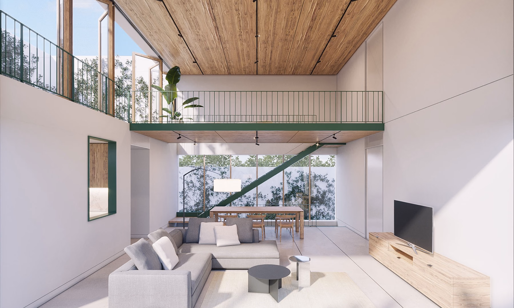 Estar de la vivienda San Javier, con transición continua al exterior.